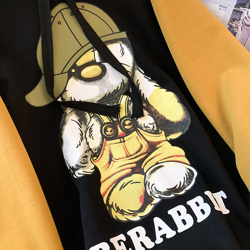 Plus-size women&#39;s cartoon letter printed sleeves splicing color plus fleece thickened oversized hoodie women&#39;s hoodie