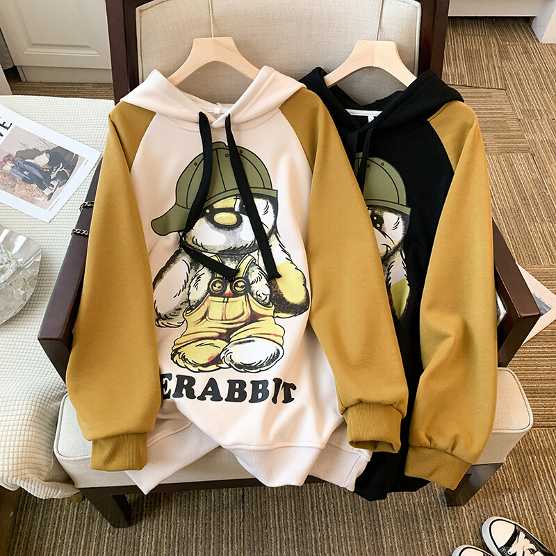 Plus-size women&#39;s cartoon letter printed sleeves splicing color plus fleece thickened oversized hoodie women&#39;s hoodie