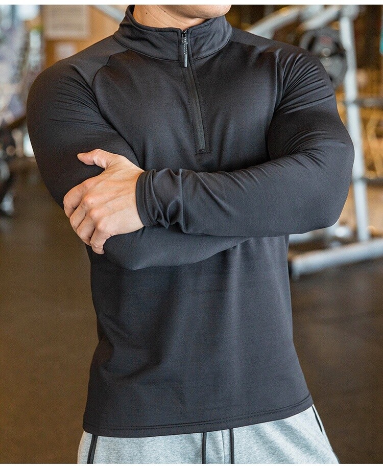 High Quality Active Wear Quater Zip Up Sweatshirts Running Men&#39;s T-shirts Workout Sportswear Long Sleeve Tight Gym T Shirt