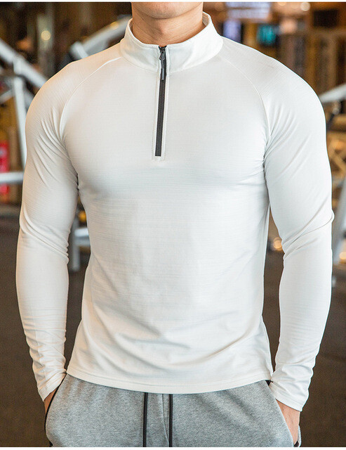 High Quality Active Wear Quater Zip Up Sweatshirts Running Men&#39;s T-shirts Workout Sportswear Long Sleeve Tight Gym T Shirt