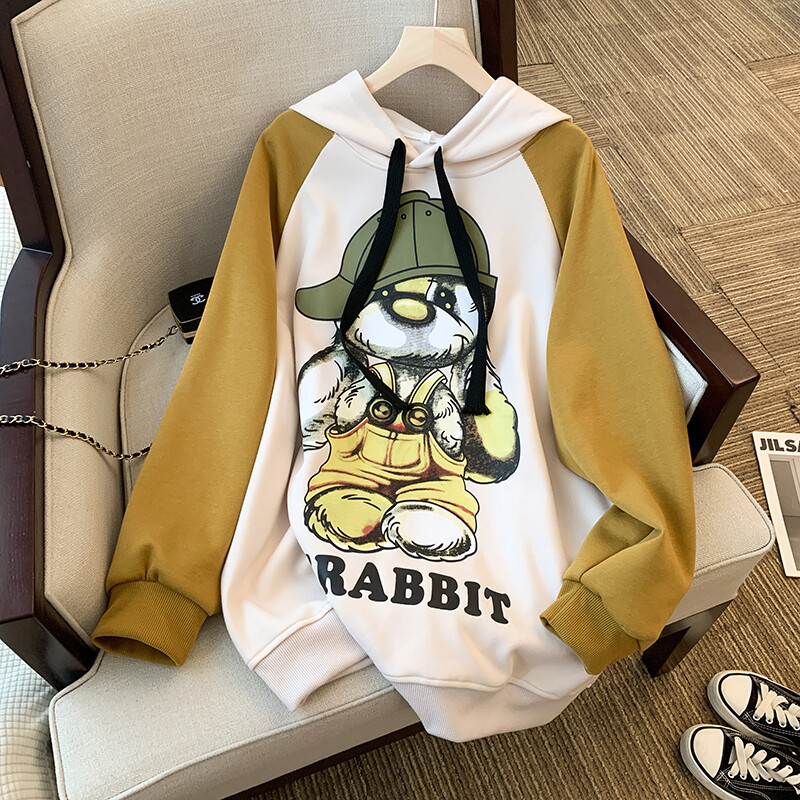 Plus-size women&#39;s cartoon letter printed sleeves splicing color plus fleece thickened oversized hoodie women&#39;s hoodie