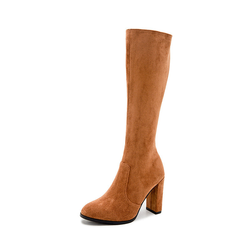sh10632a Suede Chunky Heel Zipper Flock Ladies Office Shoes Boots 2023 New Fashion Knee-high Boots For Women