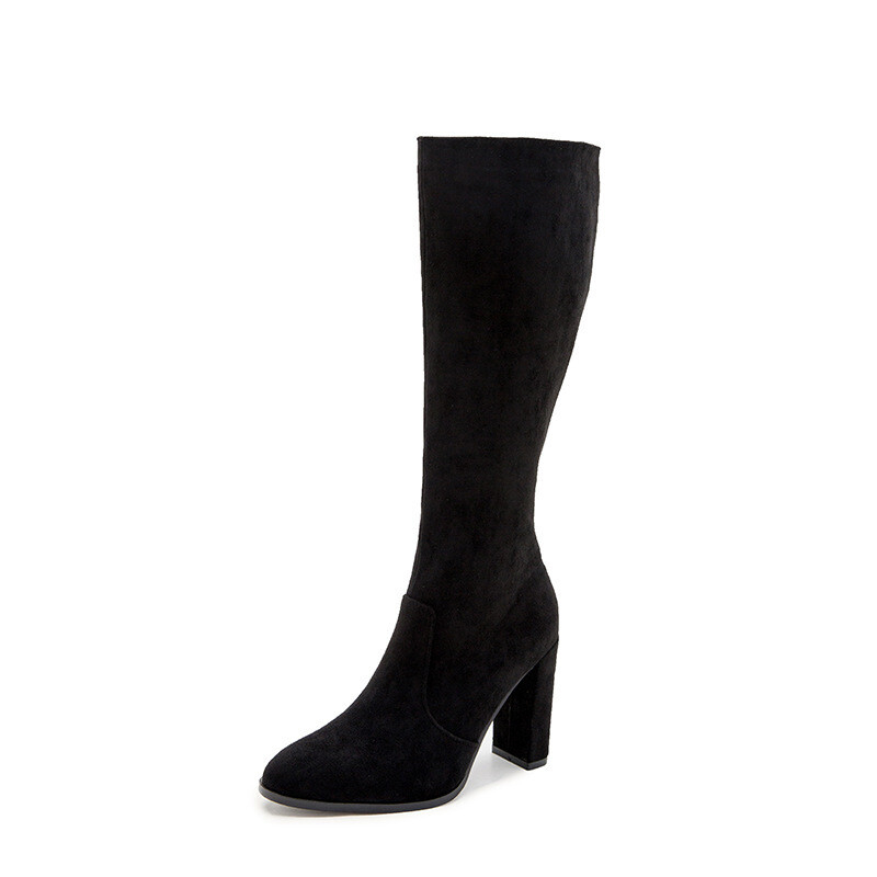 sh10632a Suede Chunky Heel Zipper Flock Ladies Office Shoes Boots 2023 New Fashion Knee-high Boots For Women