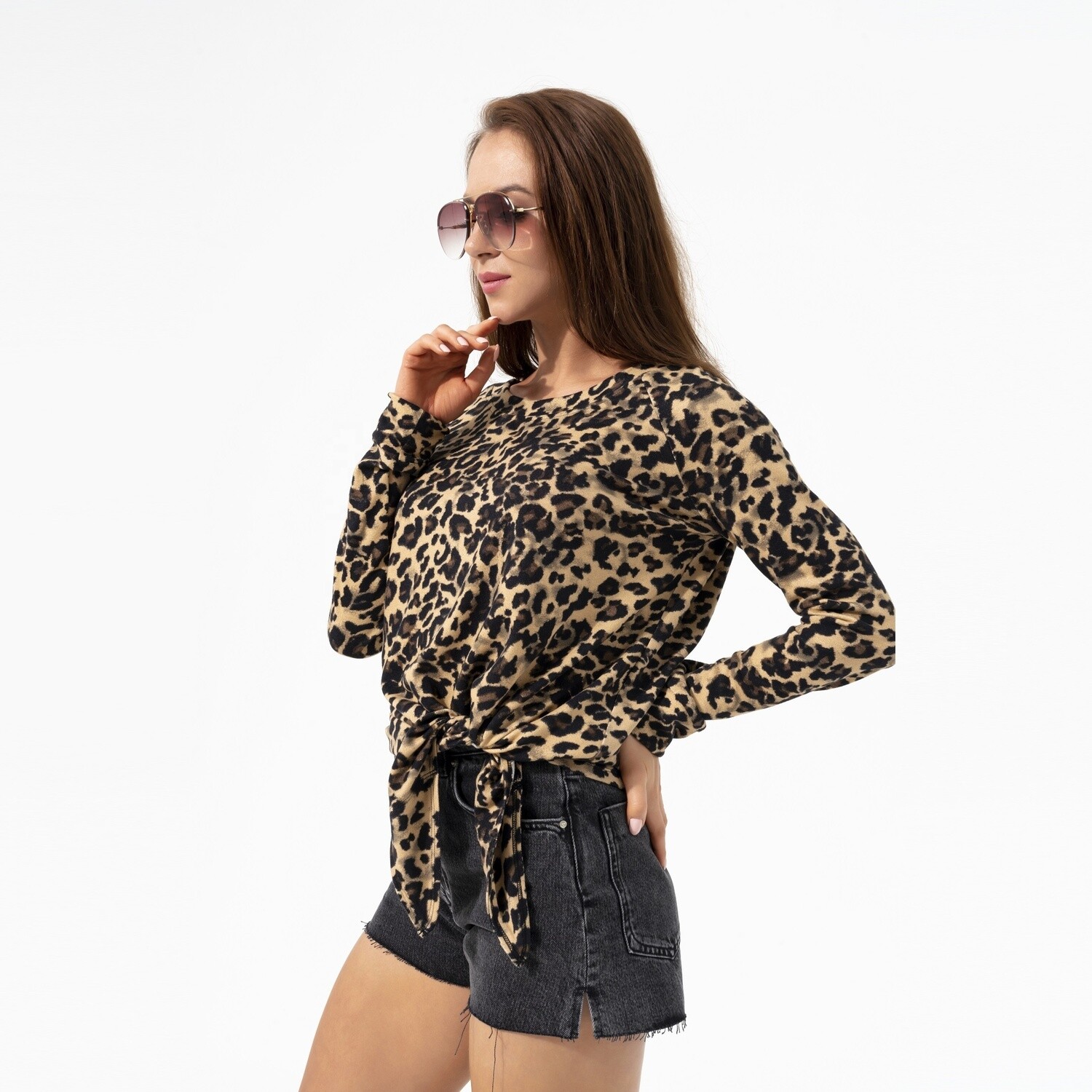 Ladies Casual Tie Front Hacci Top Brown Leopard Pullover Sweatshirt 2021 Fall Fashion for Women Sweater Shirts Pullovers
