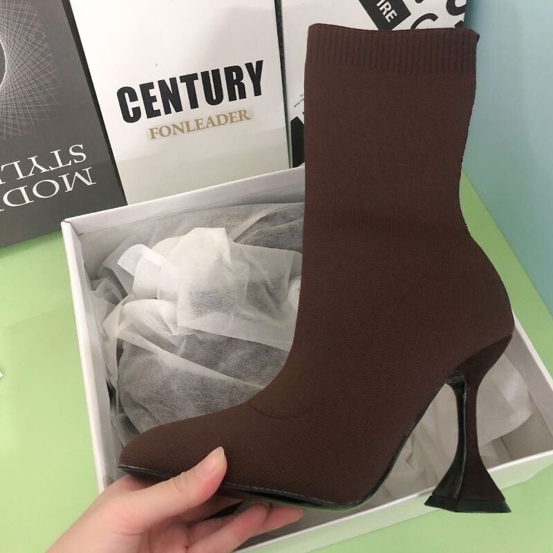 Stretchy Material Botas Dama New Designer  Kitten Heel  Pointy Shoes Women Boots