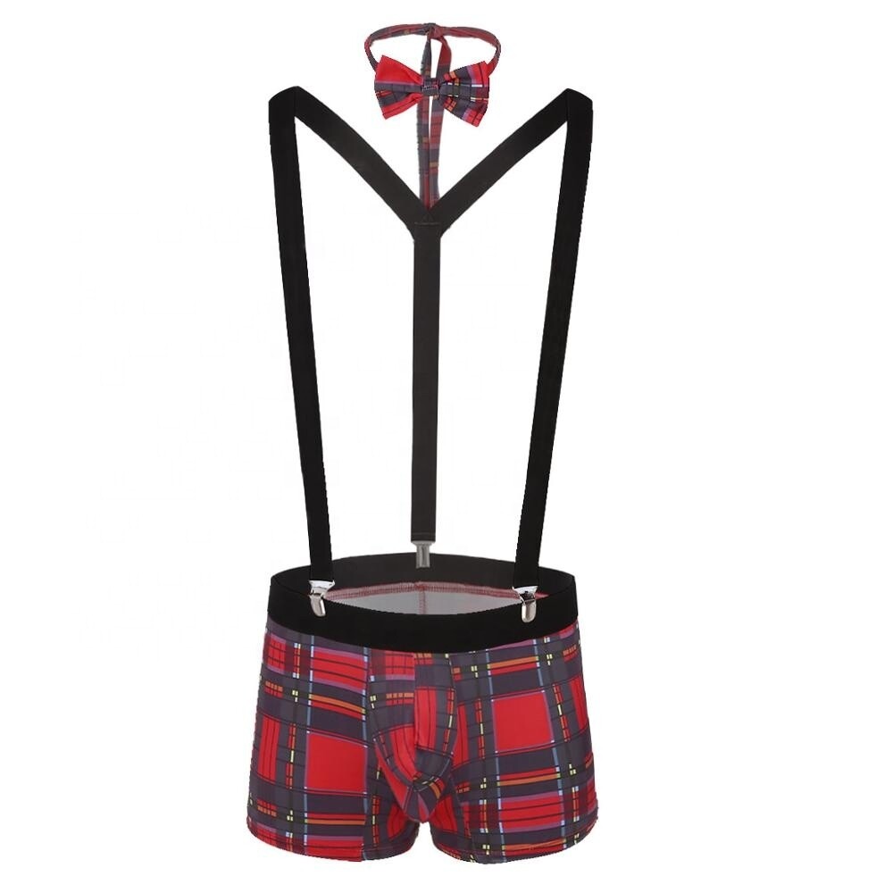 Men Plaid Bulge Pouch Boxer Briefs Literary Mens Sexy Underwear With Y Back Elastic Strong Clip Suspenders And Bowtie Set