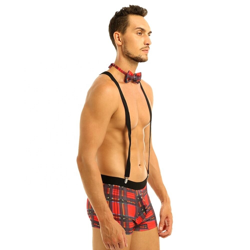 Men Plaid Bulge Pouch Boxer Briefs Literary Mens Sexy Underwear With Y Back Elastic Strong Clip Suspenders And Bowtie Set