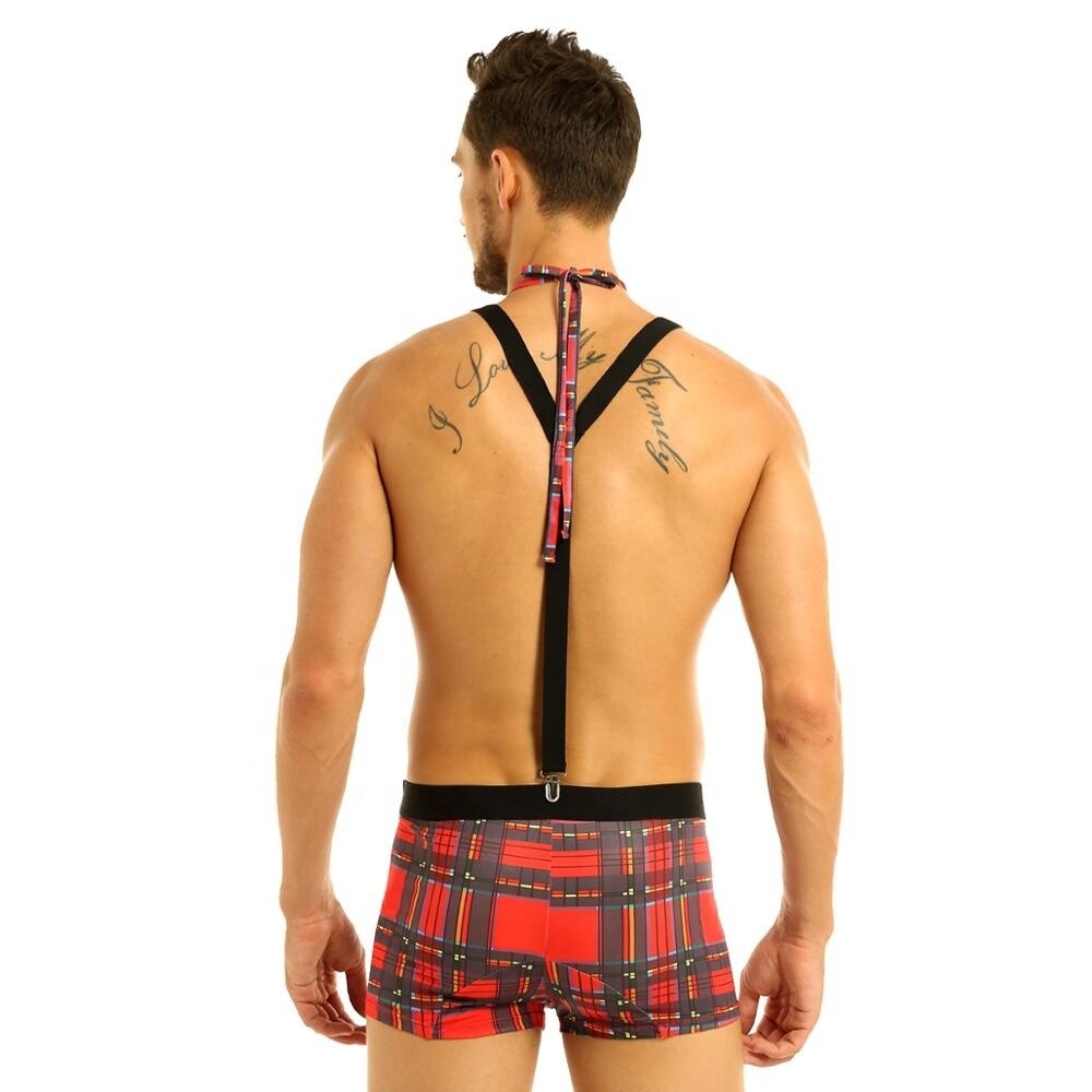 Men Plaid Bulge Pouch Boxer Briefs Literary Mens Sexy Underwear With Y Back Elastic Strong Clip Suspenders And Bowtie Set