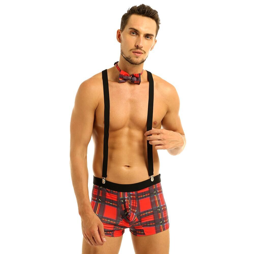 Men Plaid Bulge Pouch Boxer Briefs Literary Mens Sexy Underwear With Y Back Elastic Strong Clip Suspenders And Bowtie Set