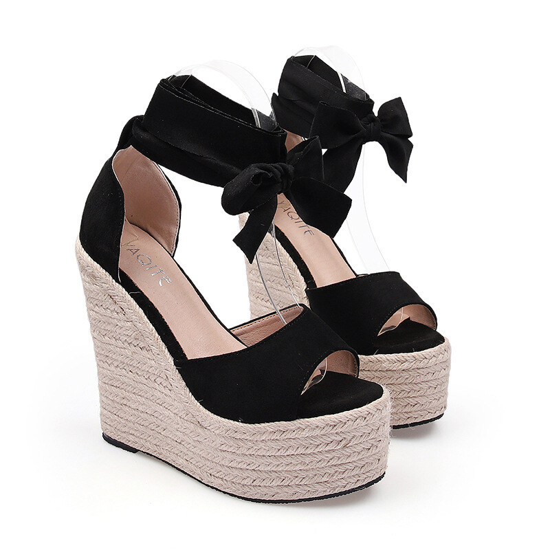Sandalias Plataforma Black Color Ankle Cross Strap Wedge Espadrille High Thick Sole Platform Sandals for Women