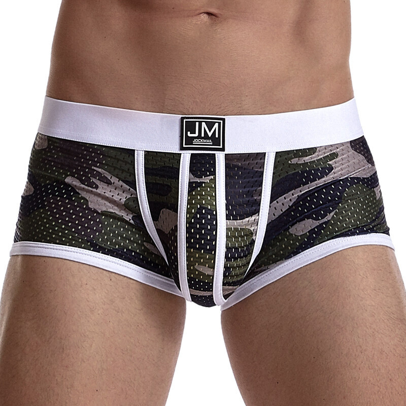 JOCKMAIL Camouflage printing men underwear Transparent Mesh Sexy briefs underpants Low waist boxer Casual shorts