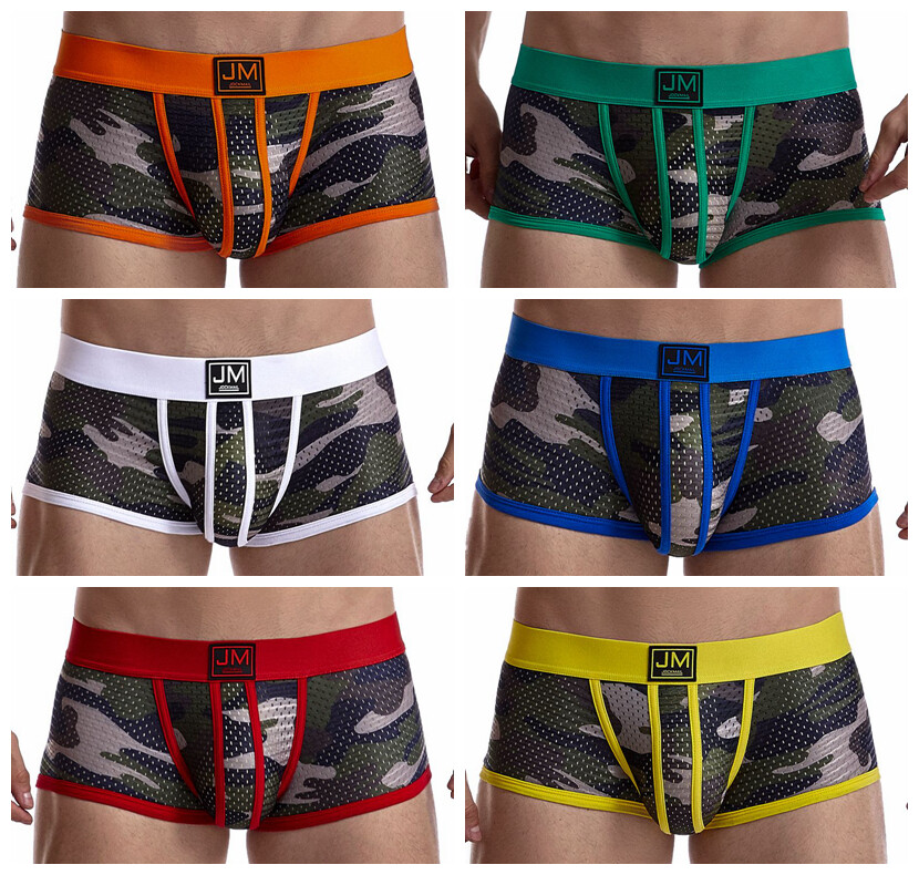 JOCKMAIL Camouflage printing men underwear Transparent Mesh Sexy briefs underpants Low waist boxer Casual shorts