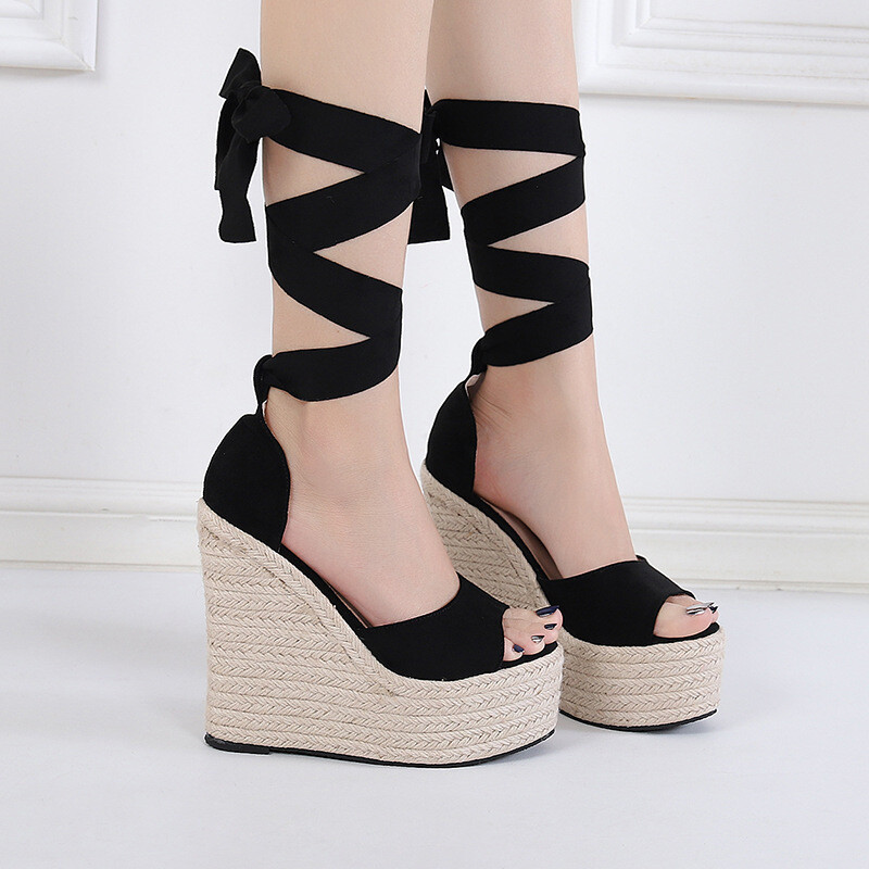 Sandalias Plataforma Black Color Ankle Cross Strap Wedge Espadrille High Thick Sole Platform Sandals for Women