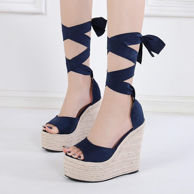 Sandalias Plataforma Black Color Ankle Cross Strap Wedge Espadrille High Thick Sole Platform Sandals for Women