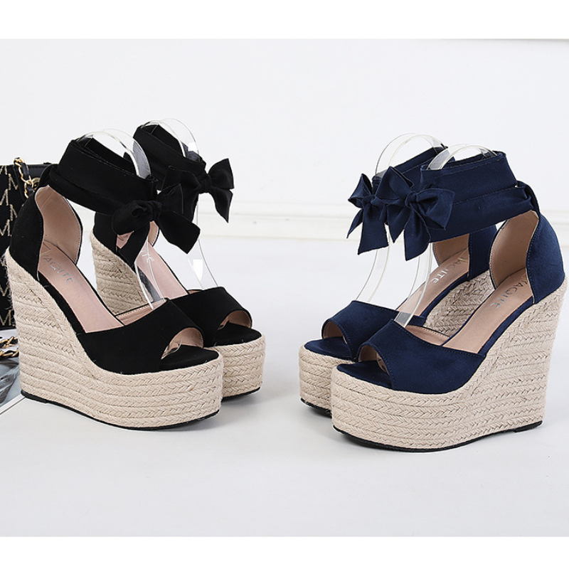 Sandalias Plataforma Black Color Ankle Cross Strap Wedge Espadrille High Thick Sole Platform Sandals for Women