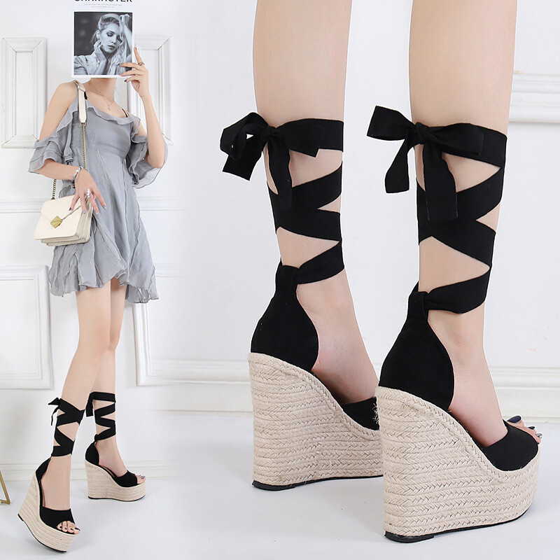 Sandalias Plataforma Black Color Ankle Cross Strap Wedge Espadrille High Thick Sole Platform Sandals for Women