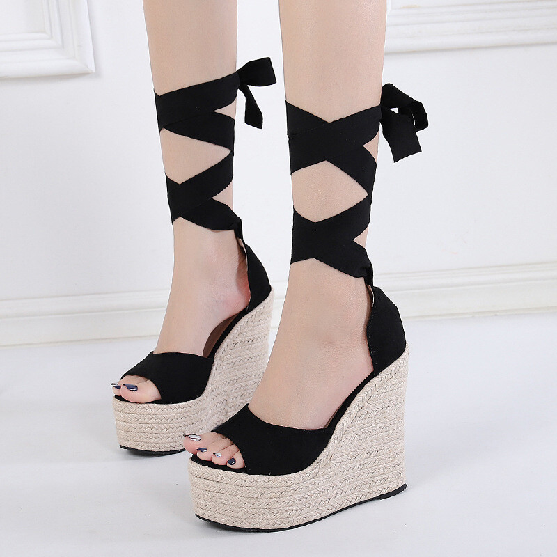 Sandalias Plataforma Black Color Ankle Cross Strap Wedge Espadrille High Thick Sole Platform Sandals for Women