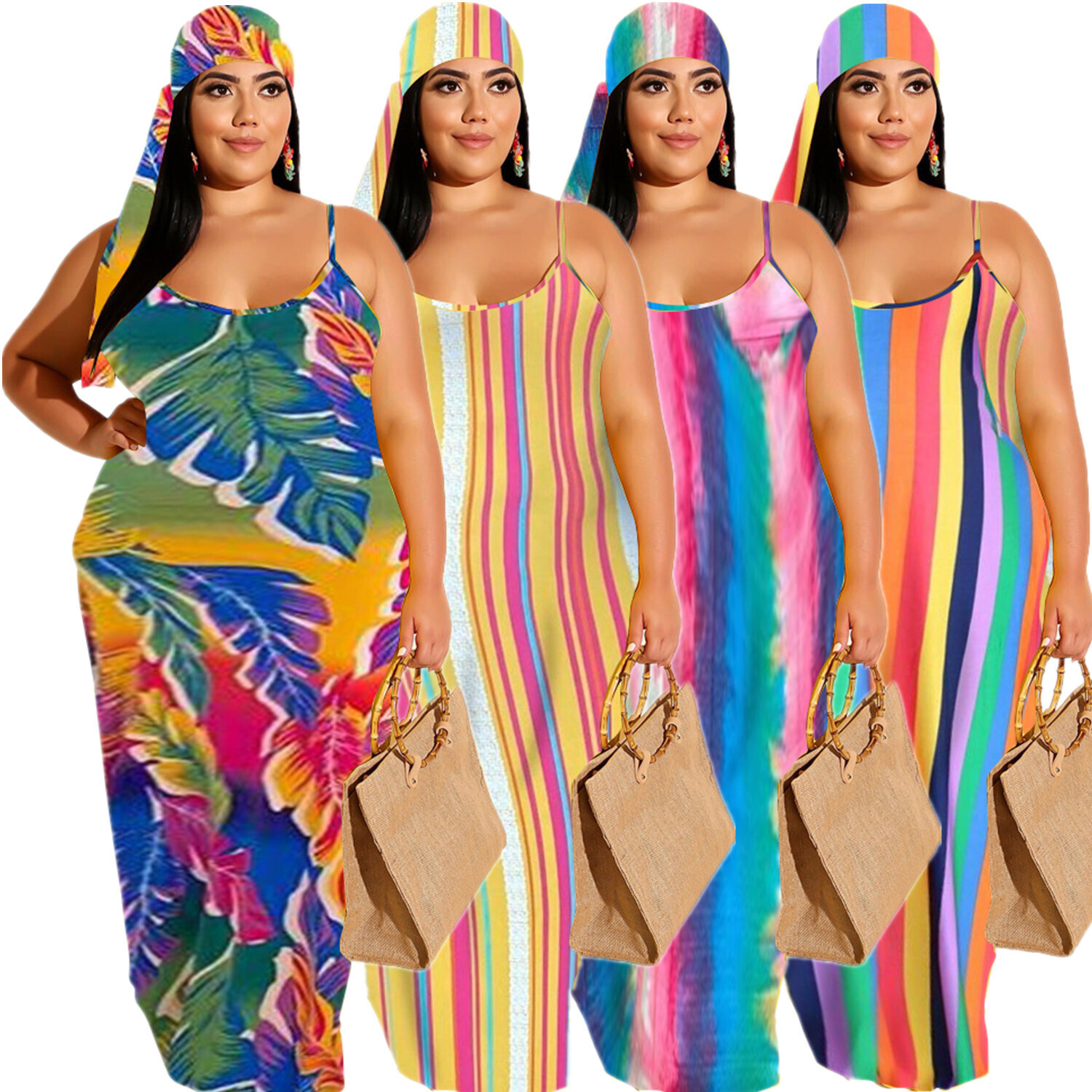 summer dress 2022 plus size women clothing Colorful Stripe Print resort style suspenders plus size Maxi dress
