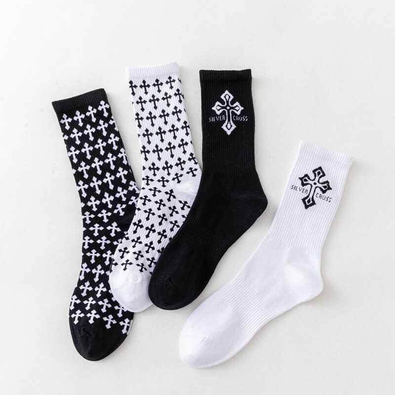 OEM fashion dress bamboo socks mens design logo basketball socks white black Chrome design cotton crew sports custom logo socks