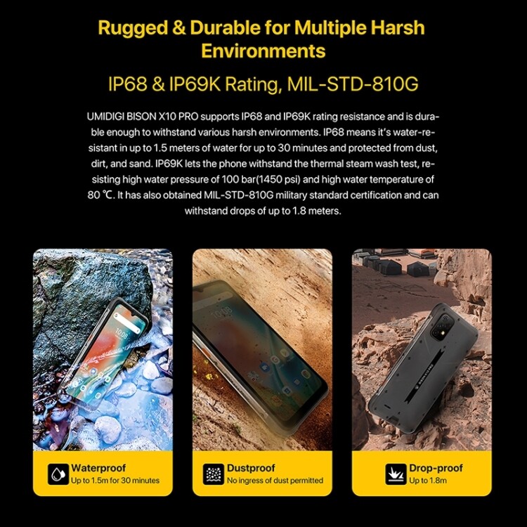 UMIDIGI BISON X10 Pro Rugged Phone, 4GB+128GB Fingerprint unlock 6.53 inch Android 6150mAh Battery NFC, PTT/SOS 4G