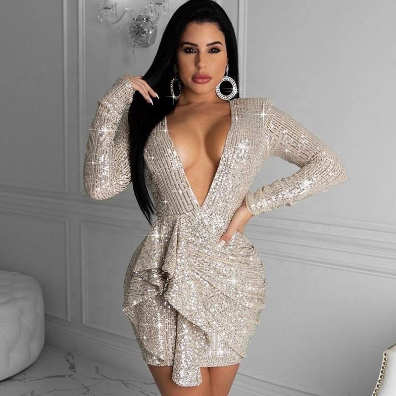 YP Billions Knitted Sequin Long Sleeve Mini Dress Clothes Women Apparel Evening Dresses For Fat Woman