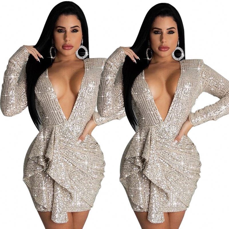 YP Billions Knitted Sequin Long Sleeve Mini Dress Clothes Women Apparel Evening Dresses For Fat Woman