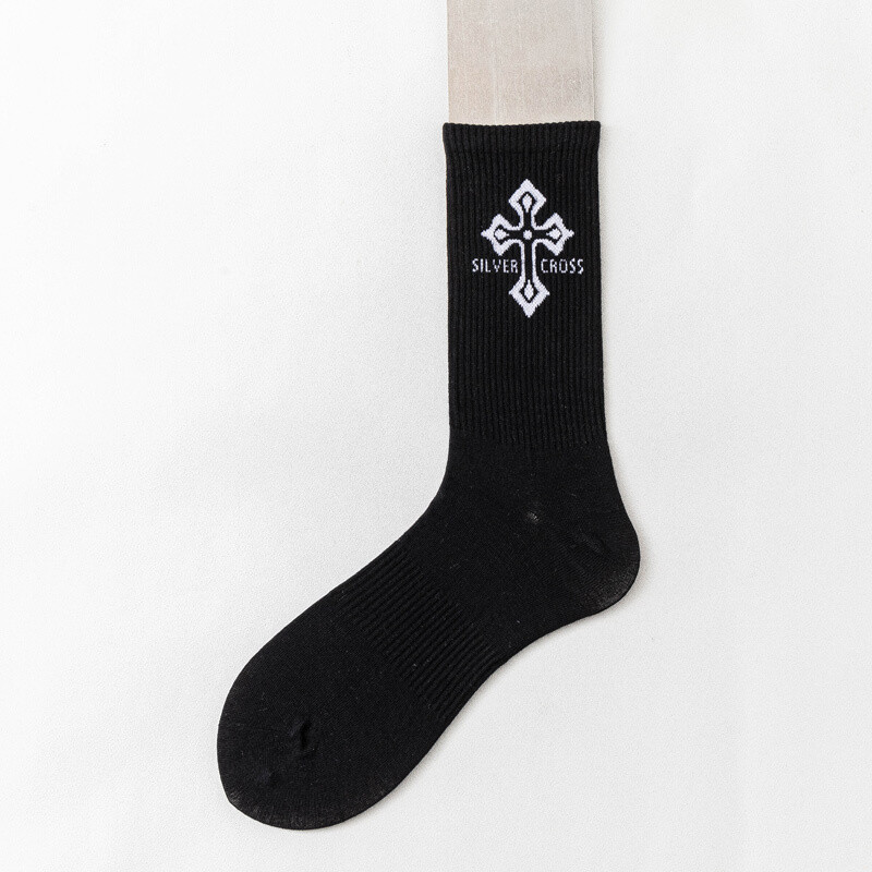 OEM fashion dress bamboo socks mens design logo basketball socks white black Chrome design cotton crew sports custom logo socks