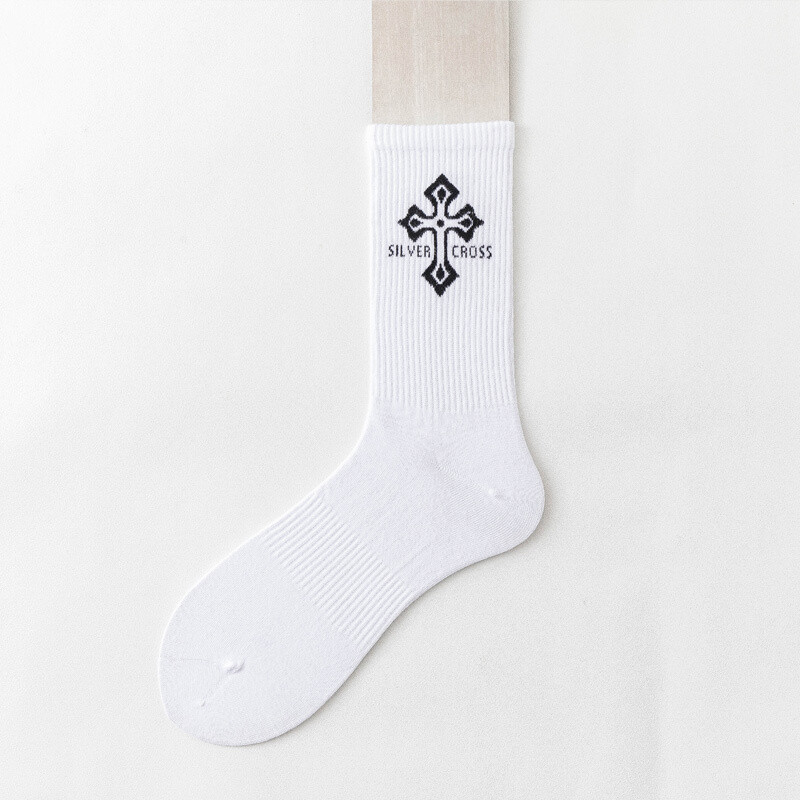 OEM fashion dress bamboo socks mens design logo basketball socks white black Chrome design cotton crew sports custom logo socks