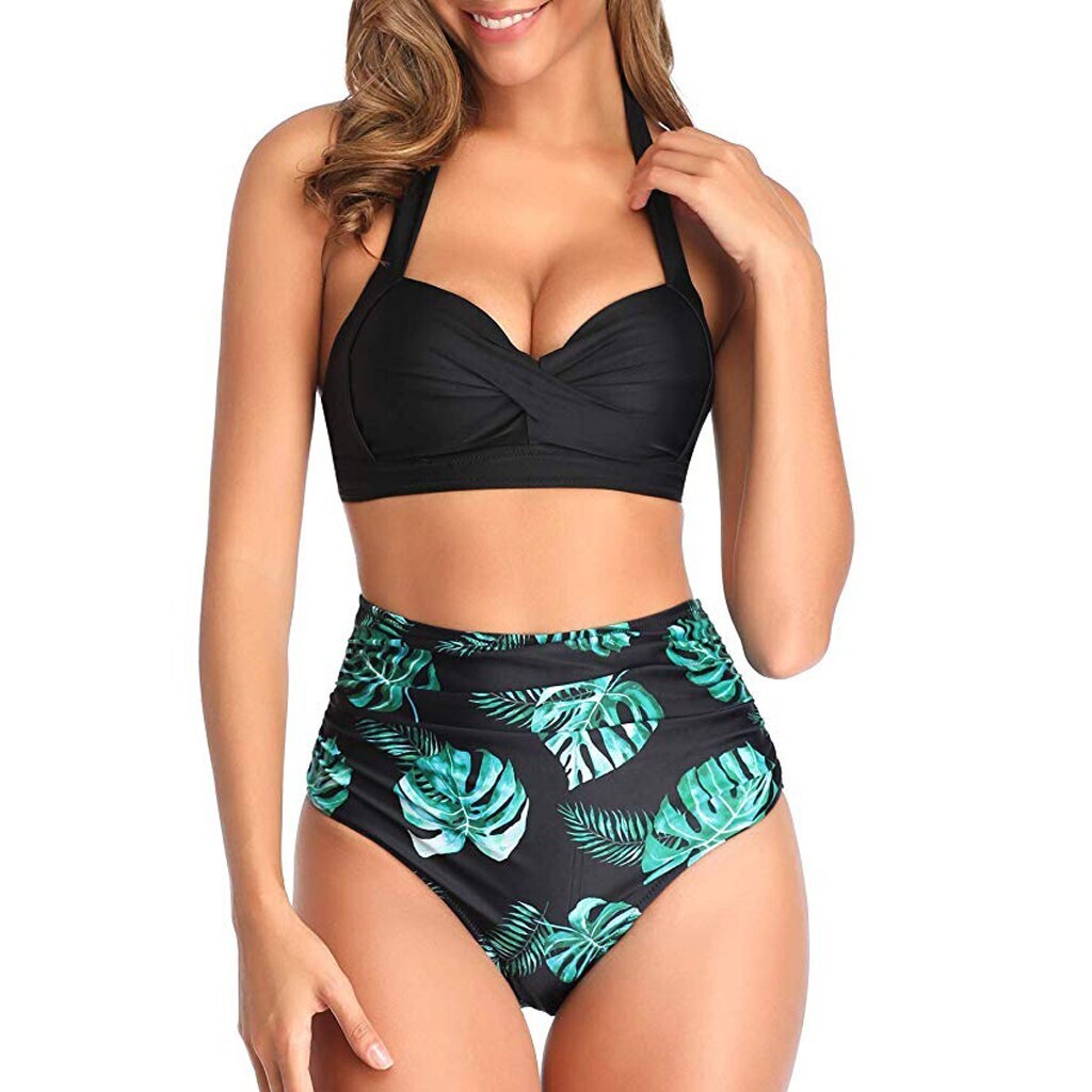 Tie Belt Hot Printed High Waist Nylon Swimsuit Split Plus Size Swimsuit Sexy Girl Bikini Set