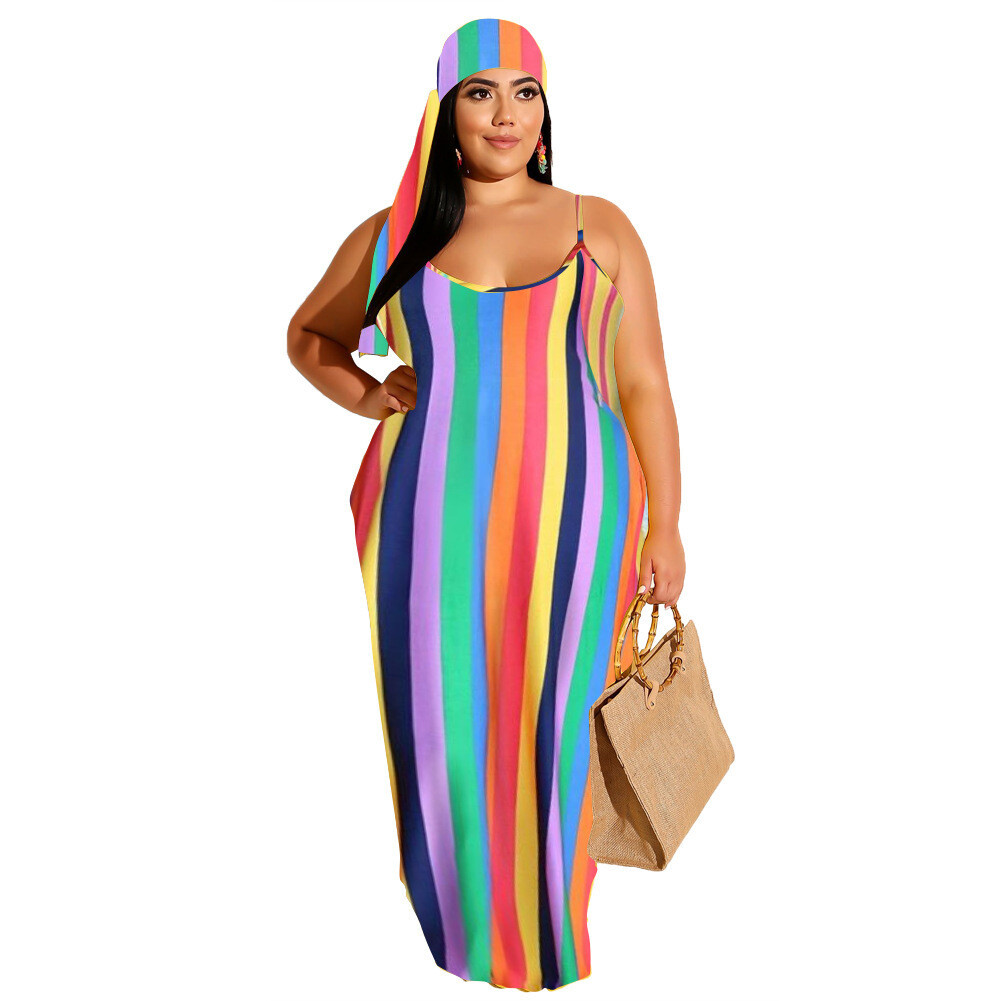 summer dress 2022 plus size women clothing Colorful Stripe Print resort style suspenders plus size Maxi dress