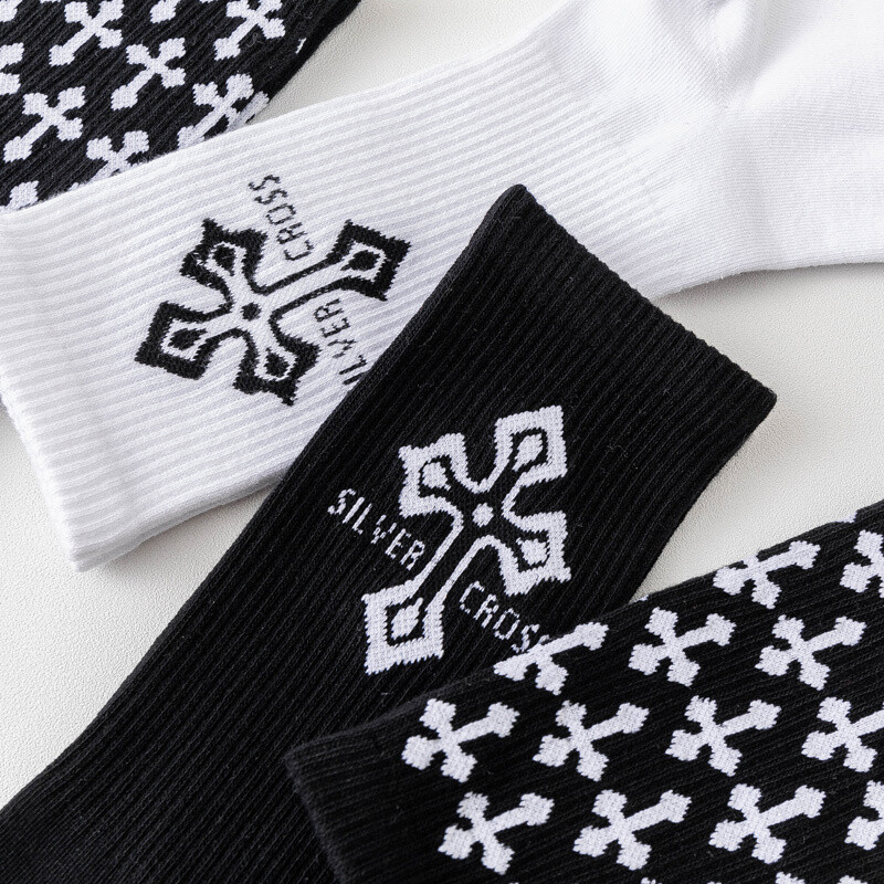 OEM fashion dress bamboo socks mens design logo basketball socks white black Chrome design cotton crew sports custom logo socks