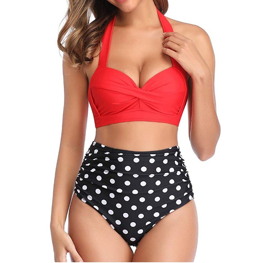 Tie Belt Hot Printed High Waist Nylon Swimsuit Split Plus Size Swimsuit Sexy Girl Bikini Set