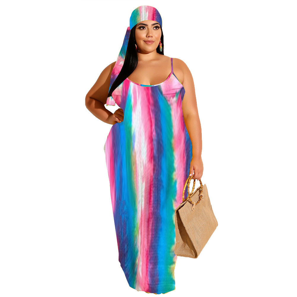 summer dress 2022 plus size women clothing Colorful Stripe Print resort style suspenders plus size Maxi dress