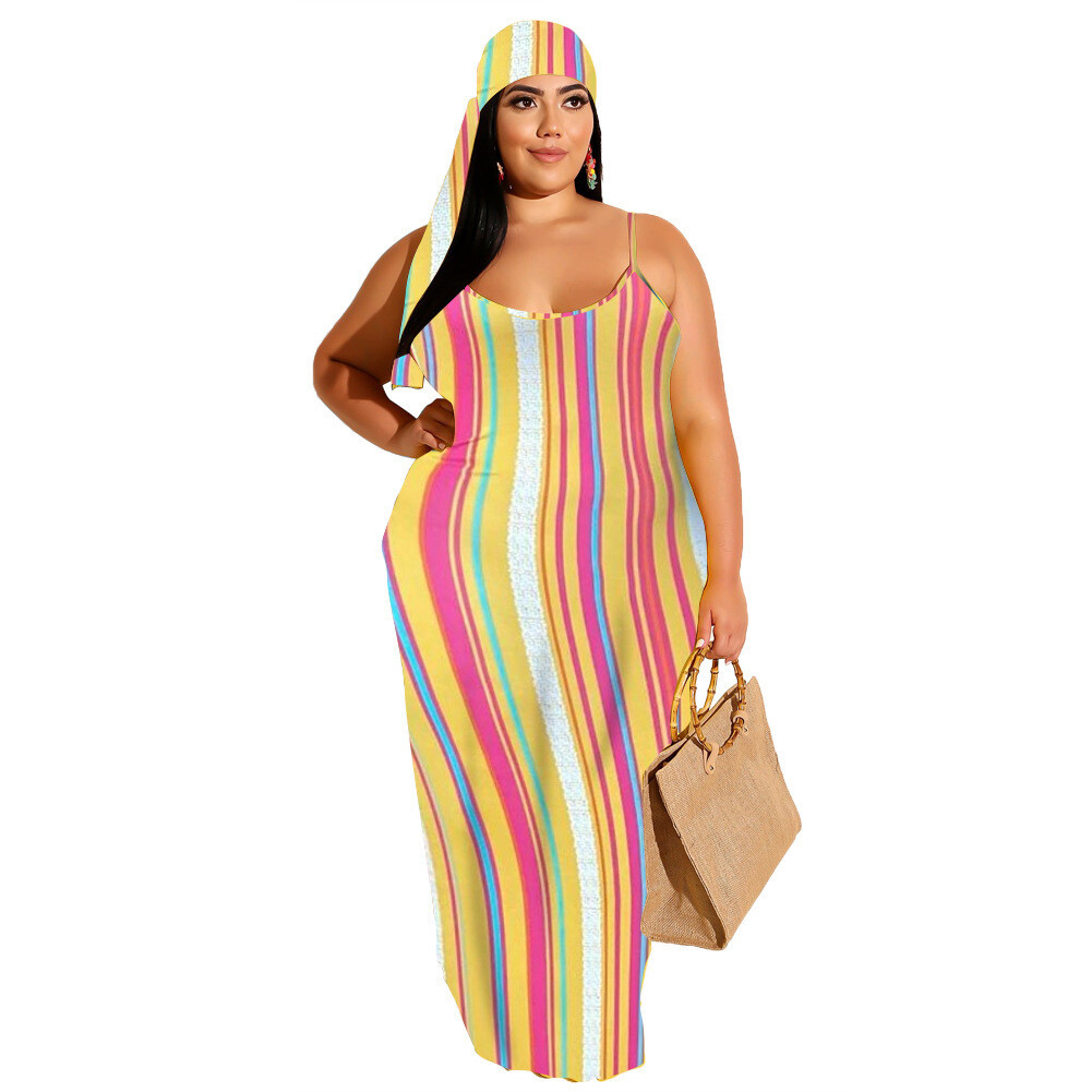 summer dress 2022 plus size women clothing Colorful Stripe Print resort style suspenders plus size Maxi dress