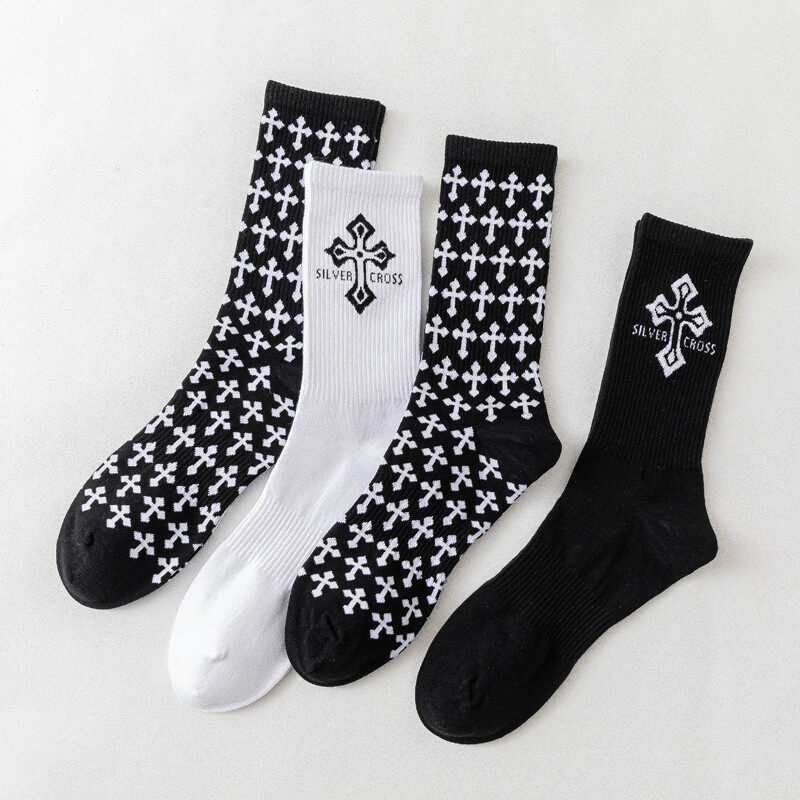 OEM fashion dress bamboo socks mens design logo basketball socks white black Chrome design cotton crew sports custom logo socks