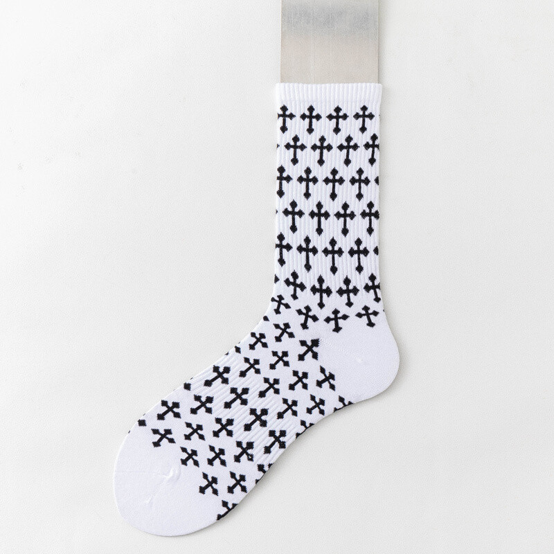 OEM fashion dress bamboo socks mens design logo basketball socks white black Chrome design cotton crew sports custom logo socks