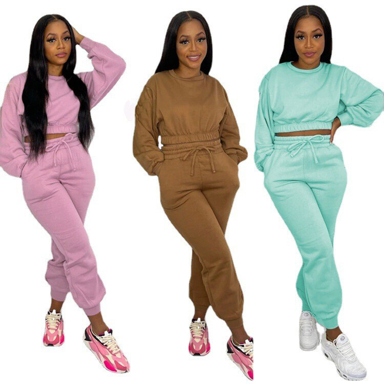new women cozy luxury tech fleece youth jogger set tracksuit wholesale casual womens clothing crewneck sweatshirt and sweatpants