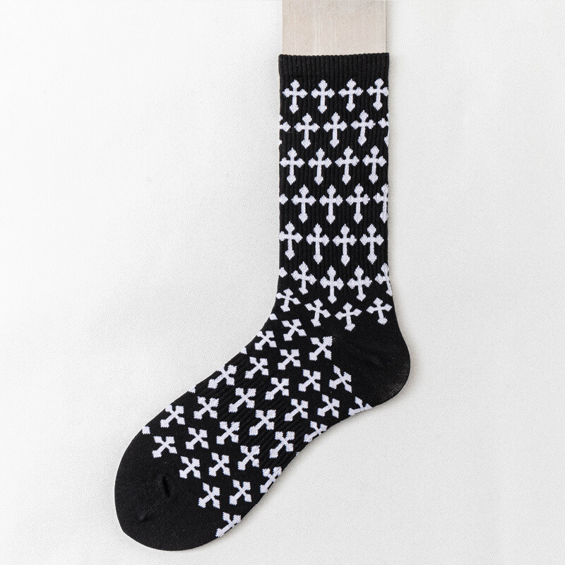 OEM fashion dress bamboo socks mens design logo basketball socks white black Chrome design cotton crew sports custom logo socks