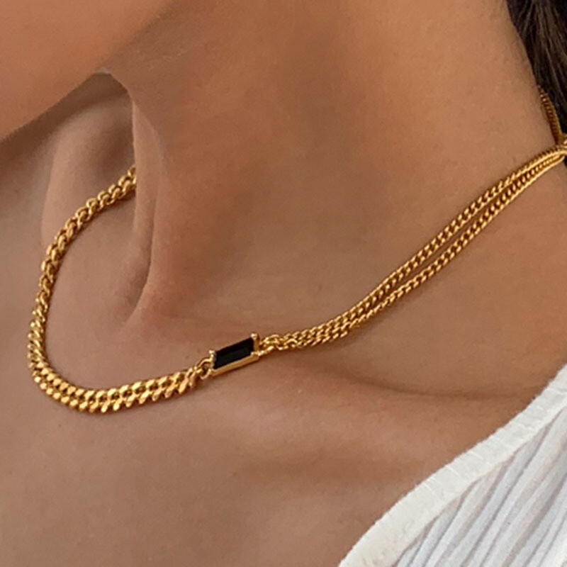Wholesale 18k Gold Plated Stainless Steel Zircon Necklaces Double Layer Cuban Chain Necklace For Women