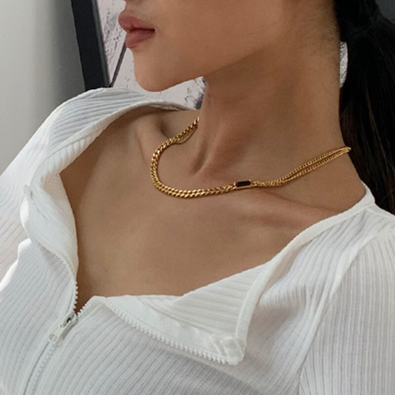 Wholesale 18k Gold Plated Stainless Steel Zircon Necklaces Double Layer Cuban Chain Necklace For Women