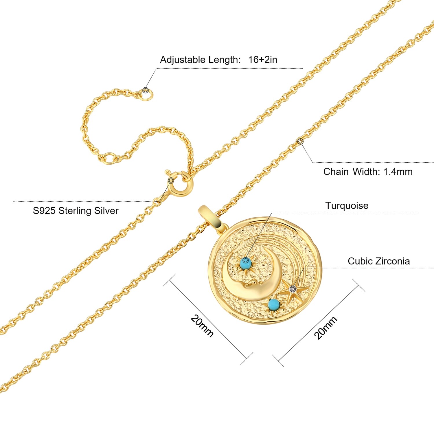 KRKC Moon and Stars 5A Zircon 925 Sterling silver 18K Real Gold Medallion Coin Pendant Necklace for Women