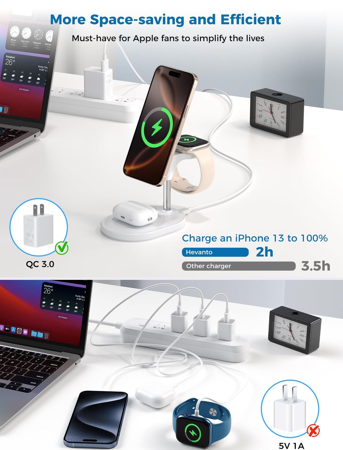 3 in 1 Wireless Charging Station for Apple MagSafe Charger, 15W Fast Qi-Certified Magnetic Mag-Safe Charger Stand for iPhone 16 15 14 13 12 iWatch AirPods, Adjustable Angle, Gifts for Women