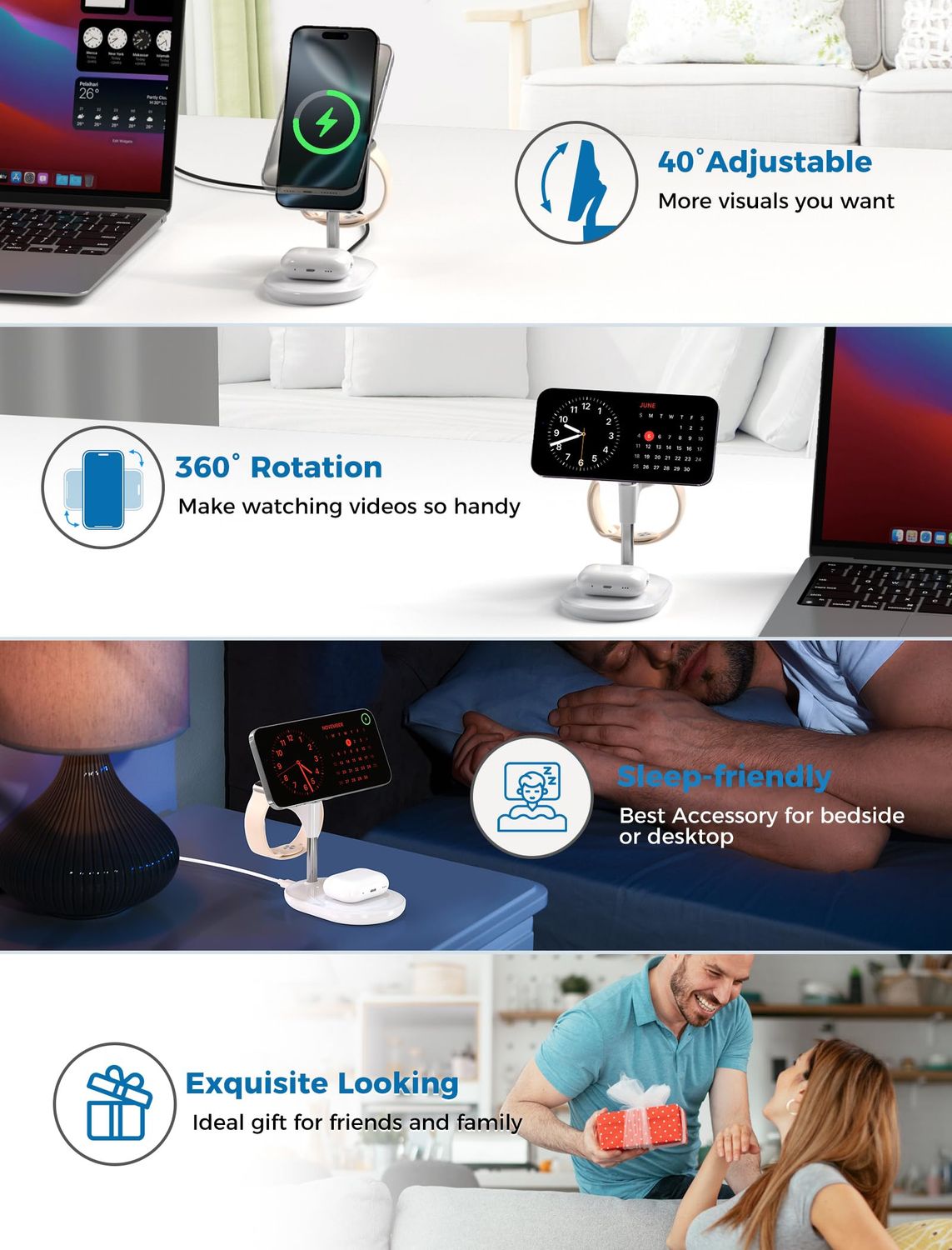 3 in 1 Wireless Charging Station for Apple MagSafe Charger, 15W Fast Qi-Certified Magnetic Mag-Safe Charger Stand for iPhone 16 15 14 13 12 iWatch AirPods, Adjustable Angle, Gifts for Women