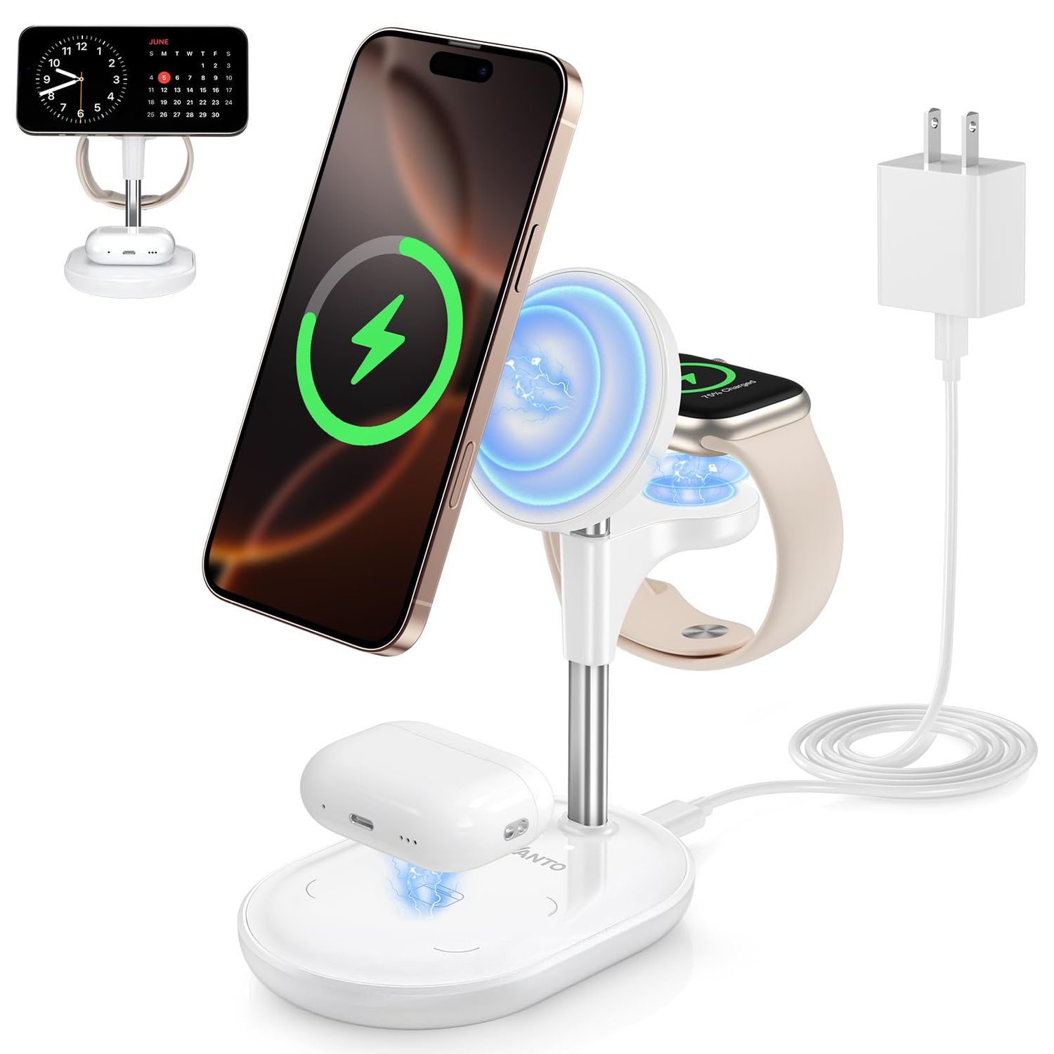 3 in 1 Wireless Charging Station for Apple MagSafe Charger, 15W Fast Qi-Certified Magnetic Mag-Safe Charger Stand for iPhone 16 15 14 13 12 iWatch AirPods, Adjustable Angle, Gifts for Women