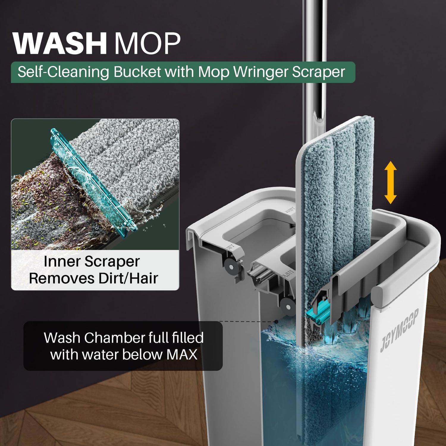 JOYMOOP Mop and Bucket with Wringer Set, Hands Free Flat Floor Mop and Bucket, with 3 Washable Microfiber Mops, Wet and Dry Use, Floor Cleaning System