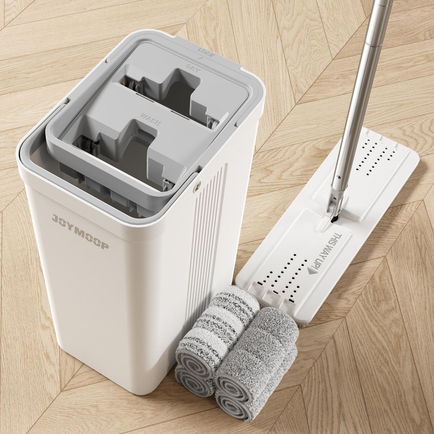 JOYMOOP Mop and Bucket with Wringer Set, Hands Free Flat Floor Mop and Bucket, with 3 Washable Microfiber Mops, Wet and Dry Use, Floor Cleaning System
