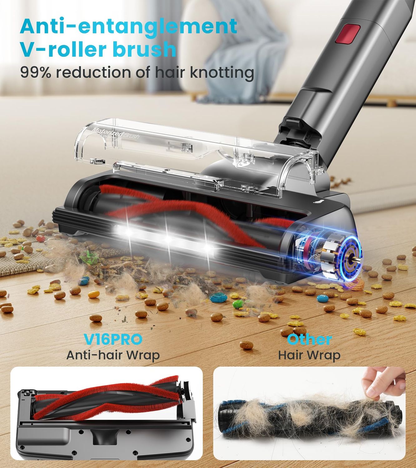 CHEBIO Cordless Vacuum Cleaner, 550W/45Kpa Vacuum Cleaners with Self-Standing, Vacuum with LED Display, Anti-Tangled Stick Vacuum, Lightweight Cordless Vacuums for Carpet/Hardwood Floor/Pet Hair