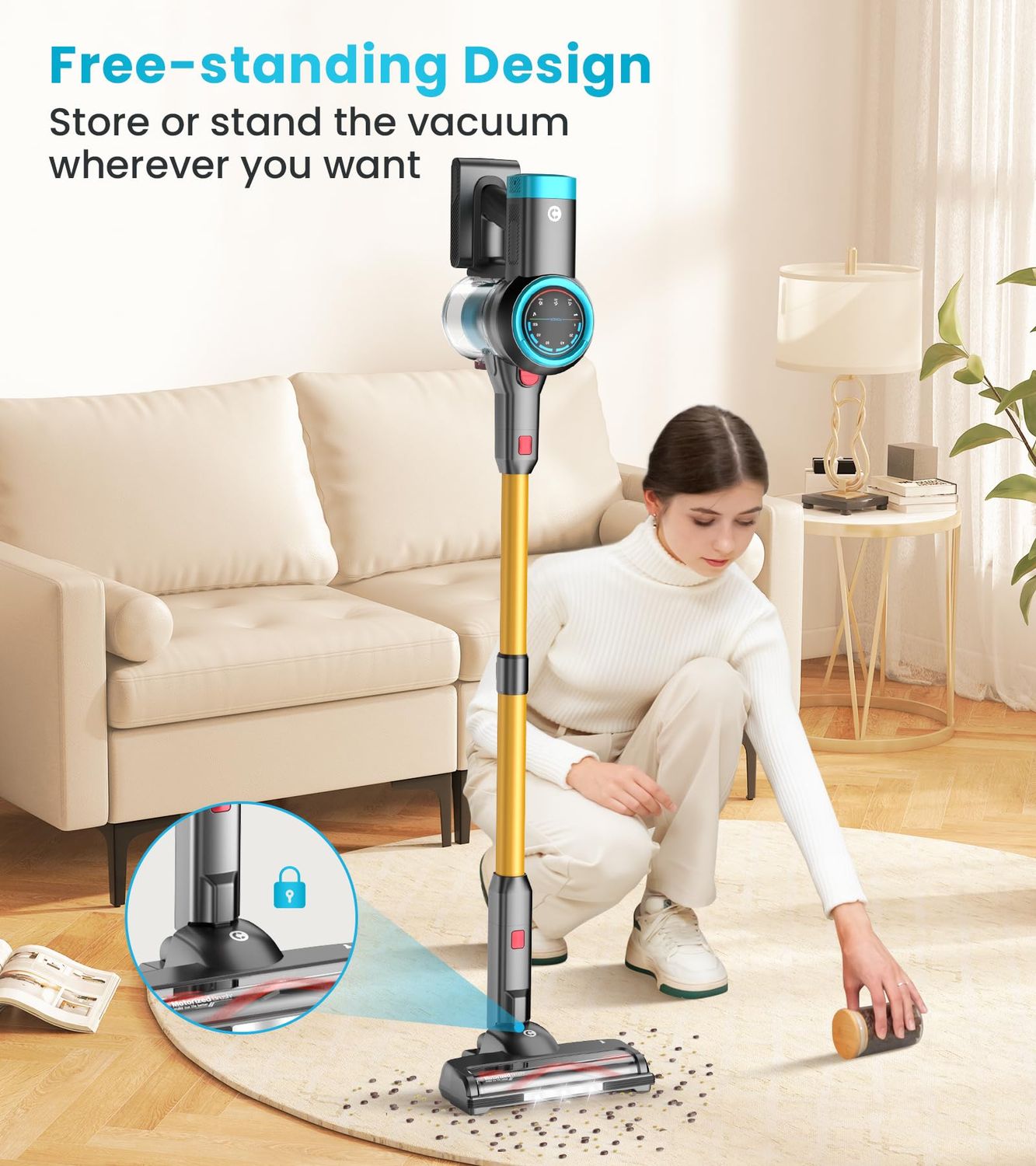 CHEBIO Cordless Vacuum Cleaner, 550W/45Kpa Vacuum Cleaners with Self-Standing, Vacuum with LED Display, Anti-Tangled Stick Vacuum, Lightweight Cordless Vacuums for Carpet/Hardwood Floor/Pet Hair