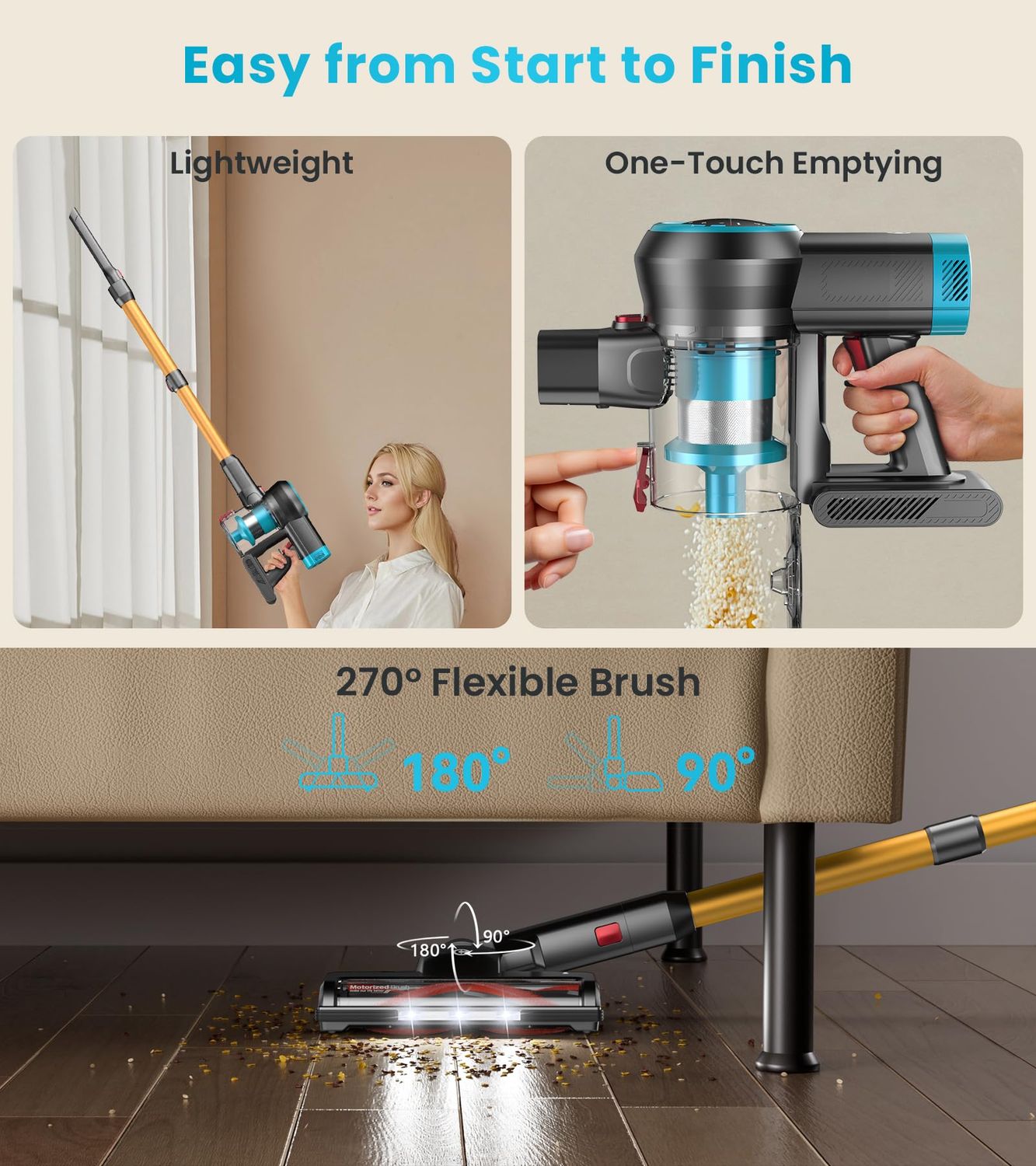 CHEBIO Cordless Vacuum Cleaner, 550W/45Kpa Vacuum Cleaners with Self-Standing, Vacuum with LED Display, Anti-Tangled Stick Vacuum, Lightweight Cordless Vacuums for Carpet/Hardwood Floor/Pet Hair