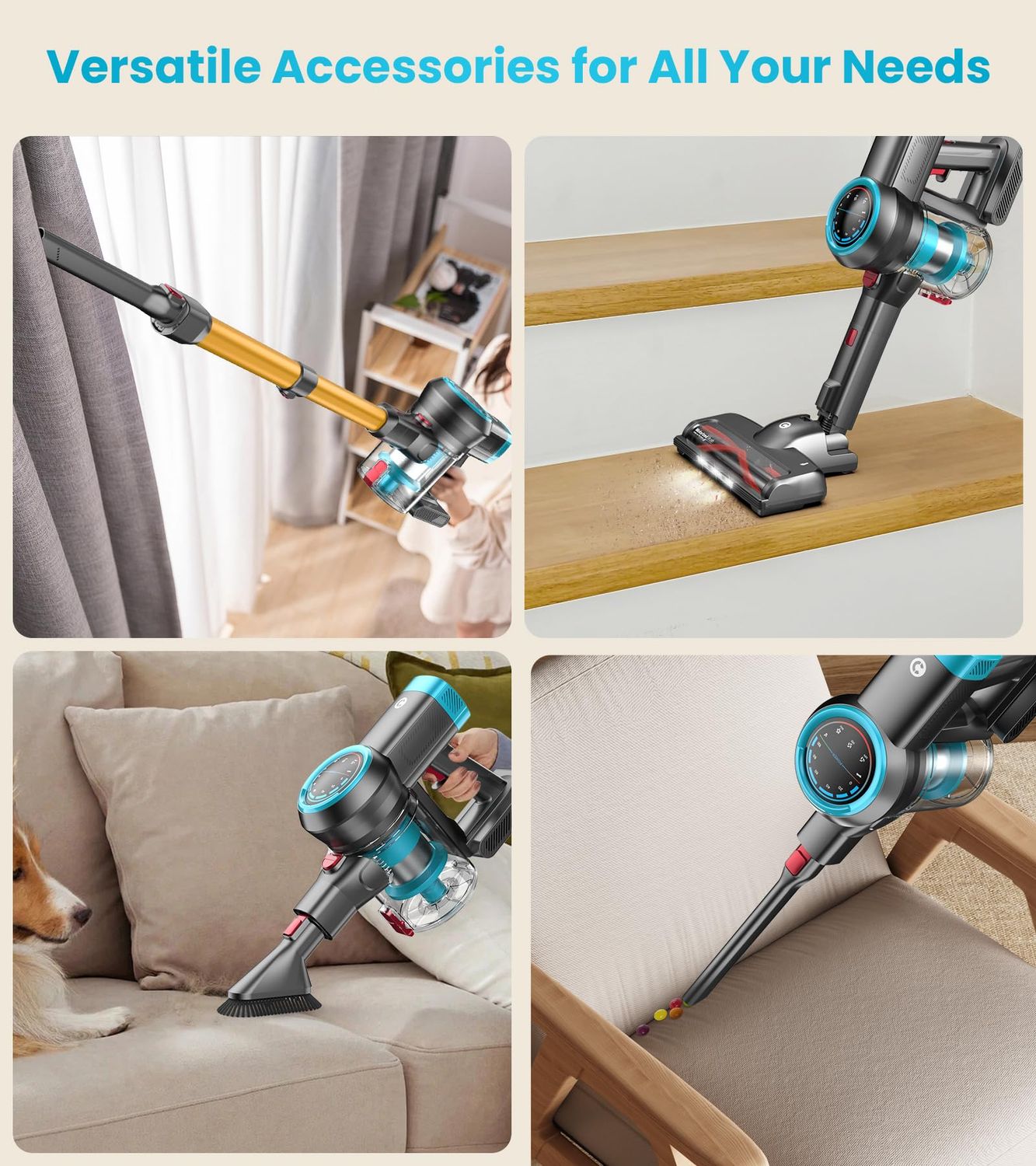CHEBIO Cordless Vacuum Cleaner, 550W/45Kpa Vacuum Cleaners with Self-Standing, Vacuum with LED Display, Anti-Tangled Stick Vacuum, Lightweight Cordless Vacuums for Carpet/Hardwood Floor/Pet Hair